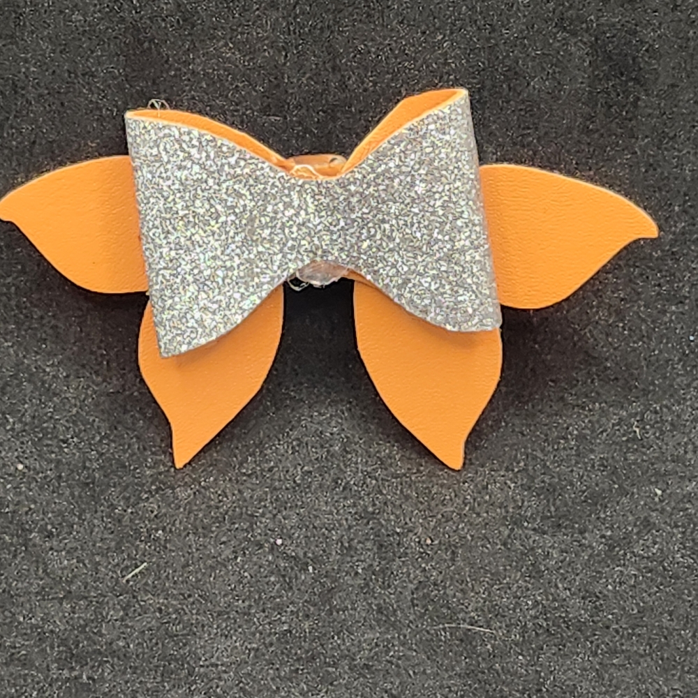 Hand Crafted Sparkling Silver Orange Kids Hair Bow Faux Leather Barrette Clip
